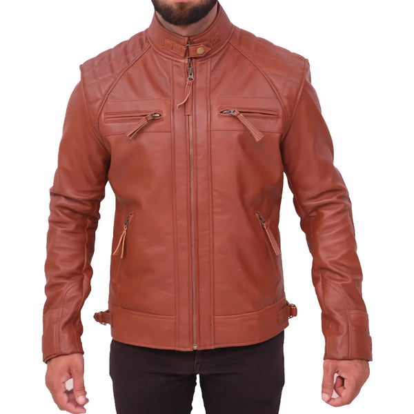 Quilted Men's Brown Vintage Moto Riding Leather Jacket Max Jackets