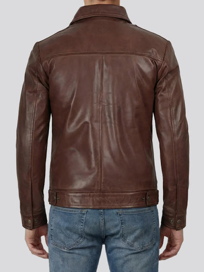 Reeves Men's Cognac Brown Harrington Leather Jacket