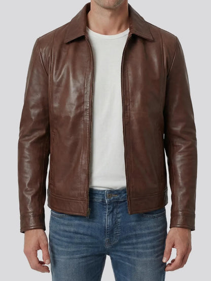 Reeves Men's Cognac Brown Harrington Leather Jacket