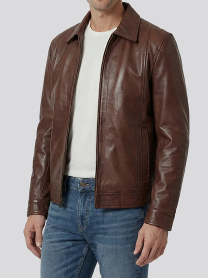 Reeves Men's Cognac Brown Harrington Leather Jacket