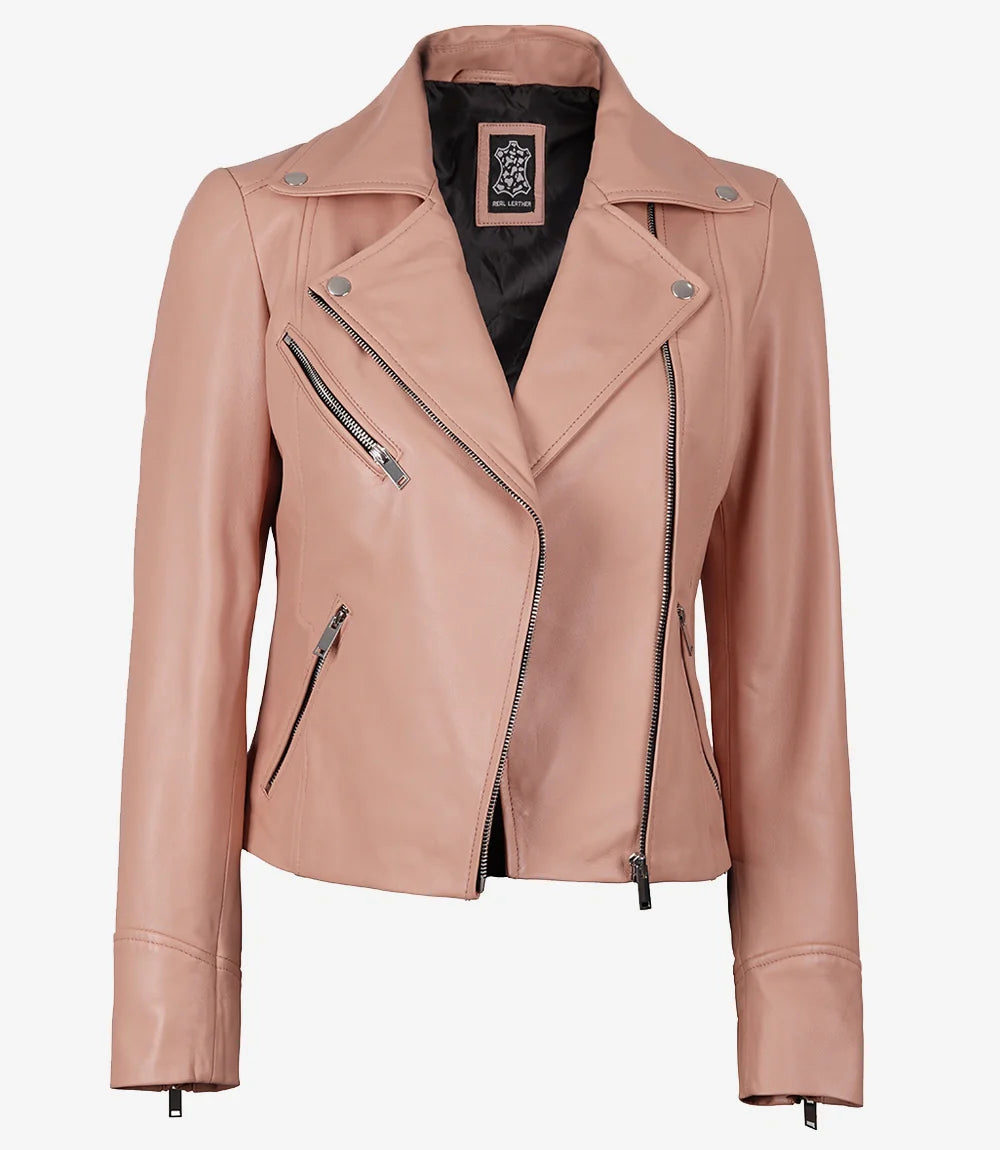 Women's Real Lambskin Leather Pink Asymmetrical Jacket