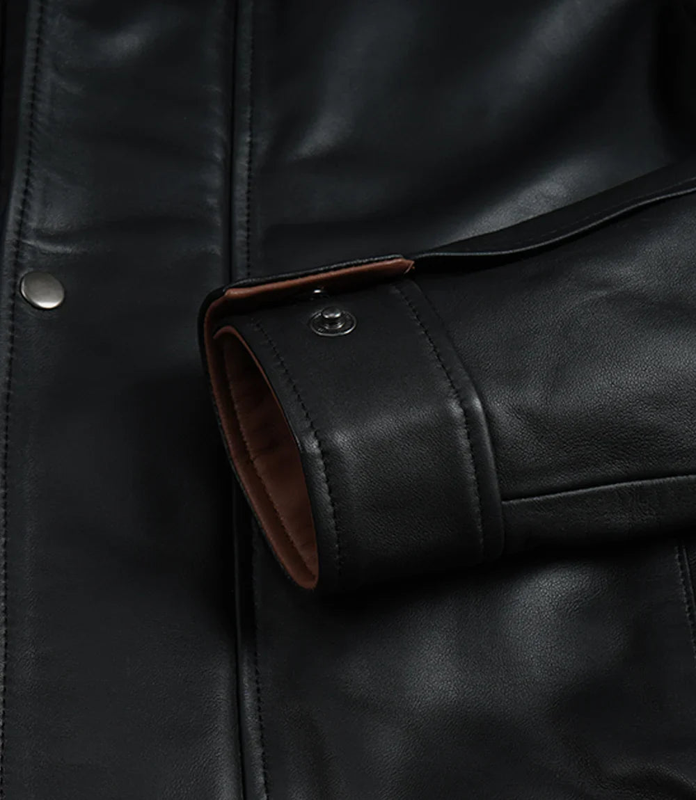 Erin Mens High-Collar Black Bomber Leather Jacket With Brown Details