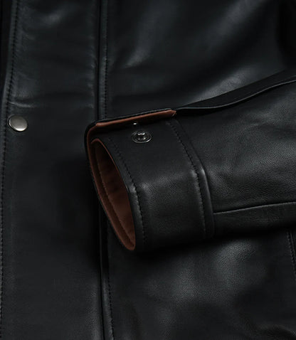 Erin Mens High-Collar Black Bomber Leather Jacket With Brown Details