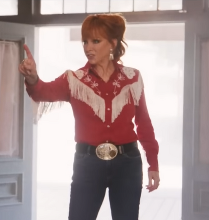 Reba Mcentire Red Western Fringe Jacket Shirt – 2025 Country TV Finale Inspired Stage Style