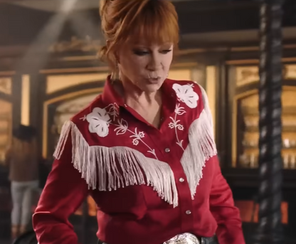 Reba Mcentire Red Western Fringe Jacket Shirt – 2025 Country TV Finale Inspired Stage Style