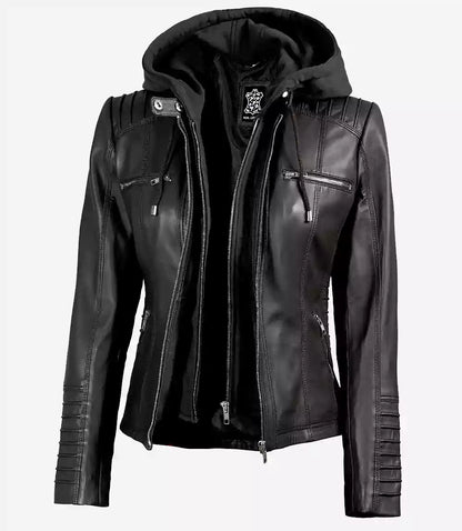 Helen Womens Tall Black Leather Jacket with Removable Hood