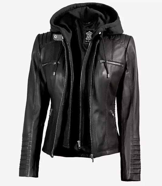 Helen Womens Tall Black Leather Jacket with Removable Hood