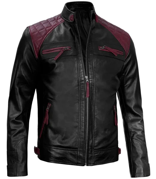 Rollins Men’s Maroon & Black Cafe Racer Leather Jacket Max Jackets