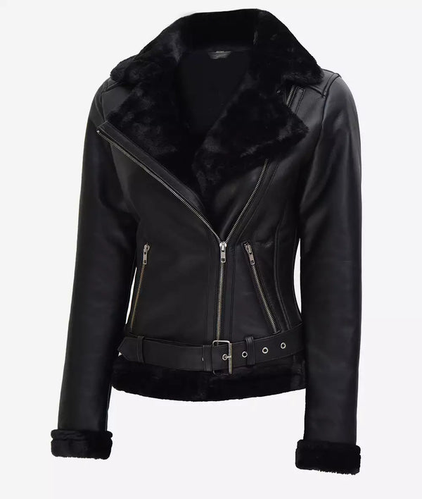 Agnes Asymmetrical Black Shearling Leather Jacket Womens Max Jackets