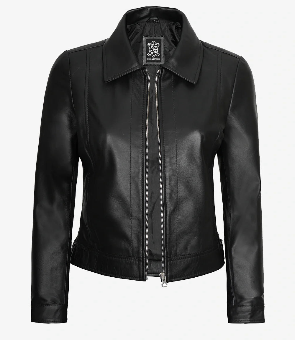 Womens Shirt Collar Black Leather Jacket