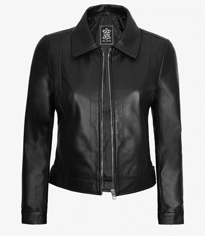 Womens Shirt Collar Black Leather Jacket