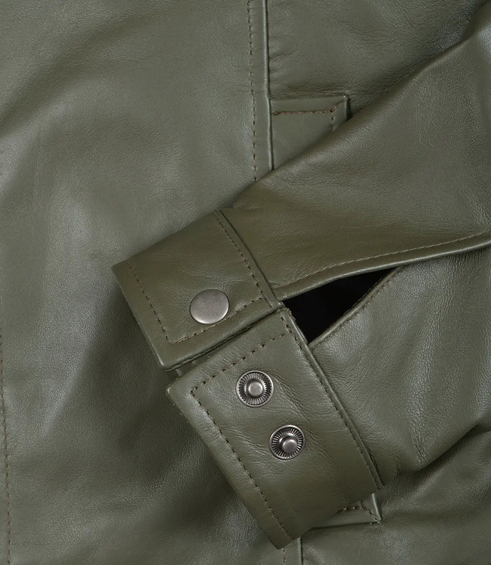 Men's Classic Shirt Collar Olive Green Leather Jacket