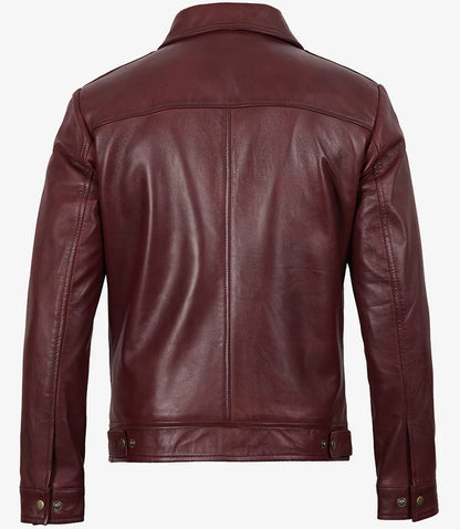 Mens Classic Shirt Collar Burgundy Harrington Leather Jacket