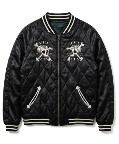 Halloween Skull and Crossbone Quilted Black Bomber Jacket