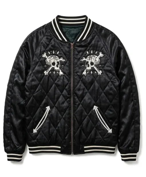Halloween Skull and Crossbone Quilted Black Bomber Jacket