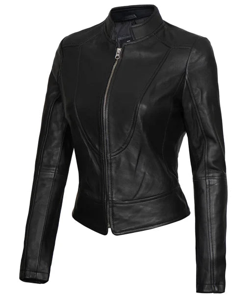 Women’s Cafe Racer Black Real Leather Jacket Max Jackets