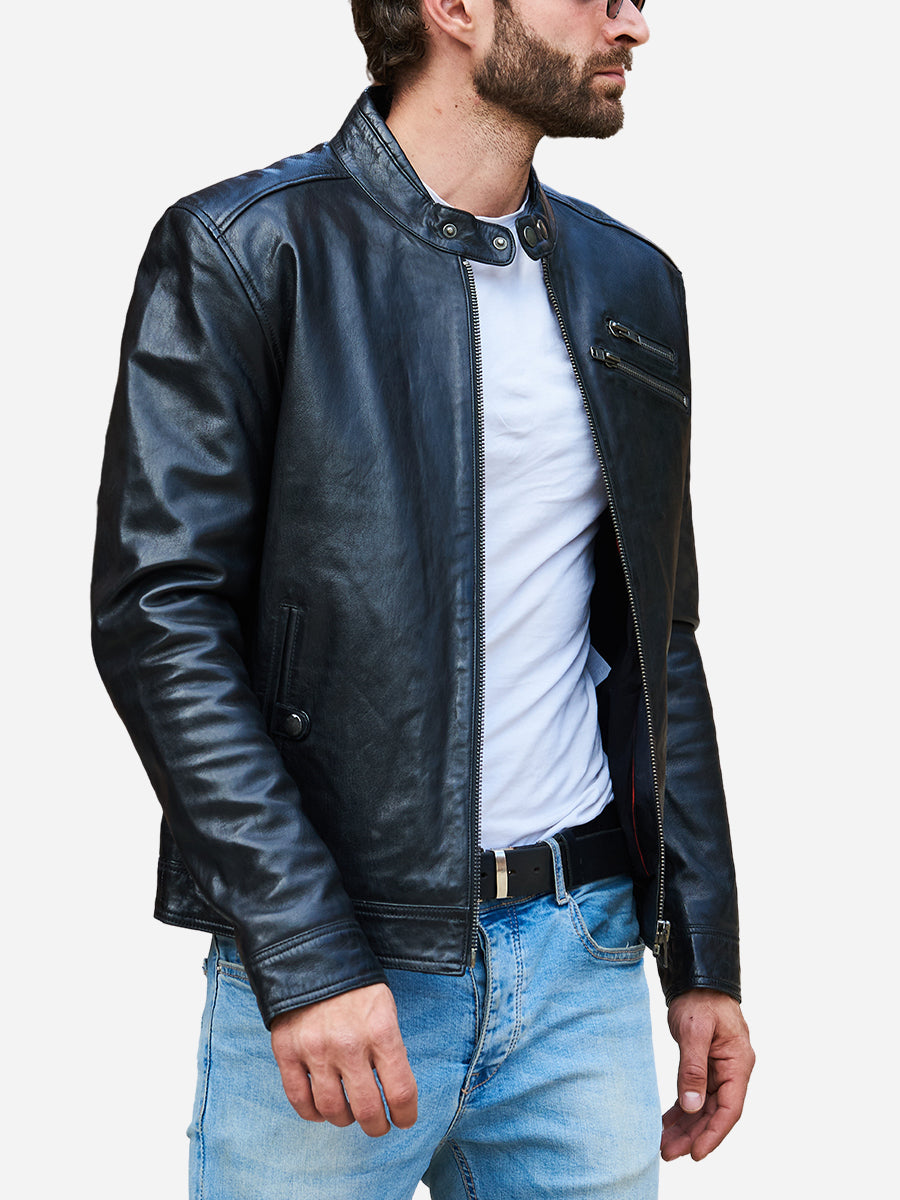 Jasiel Sheepskin Black Leather Racer Jacket Max Jackets