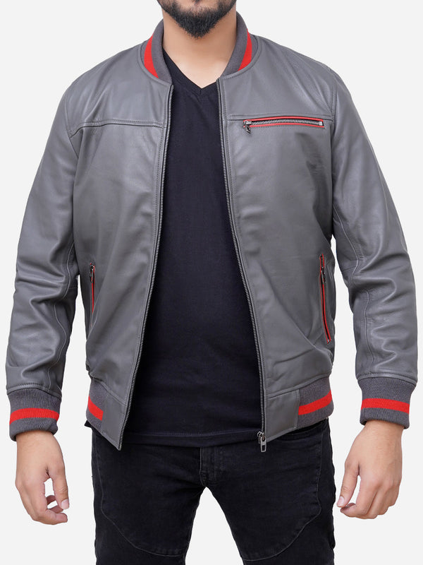 Adam Classic Slim Fit Grey Leather Bomber Jacket Max Jackets