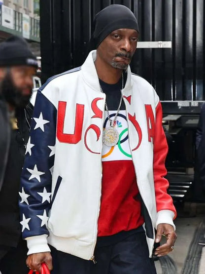 Snoop Dogg Olympic 2024 Bomber Leather Jacket Max Jackets