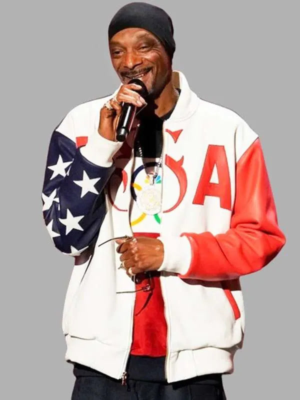 Snoop Dogg Olympic 2024 Bomber Leather Jacket Max Jackets