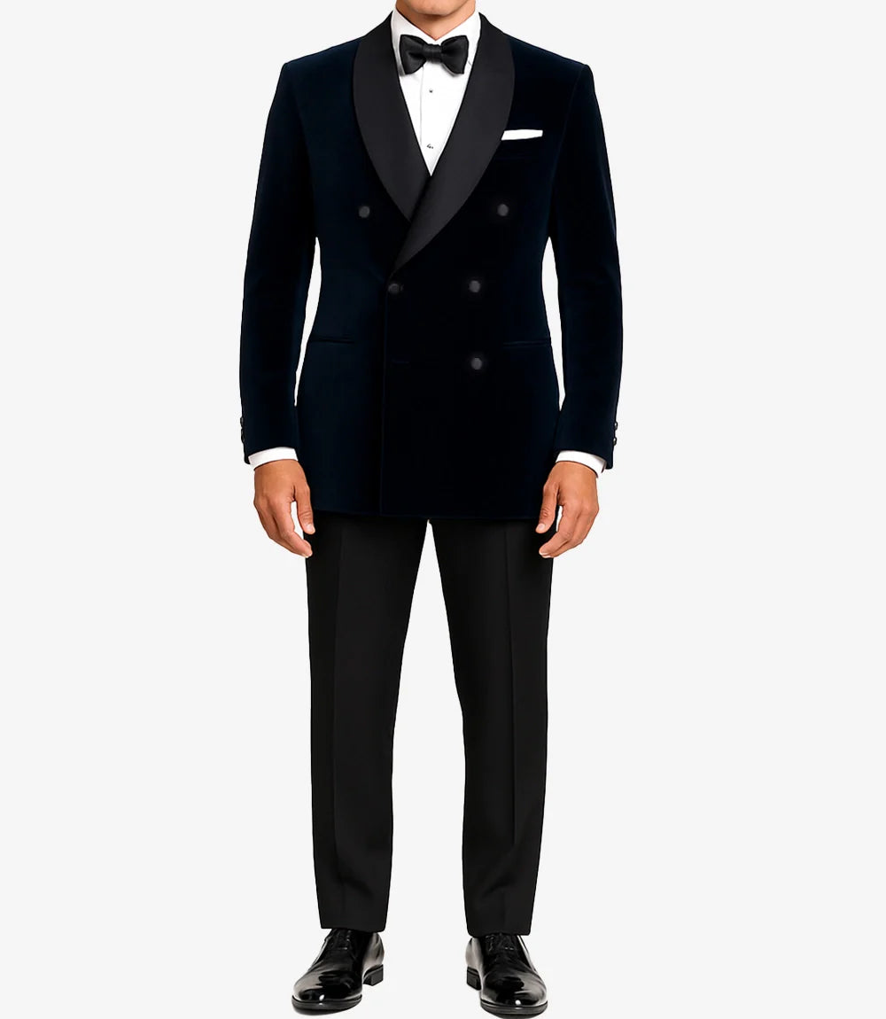 Raleigh Men's Shawl Lapel Blue Velvet Tuxedo - Double-Breasted