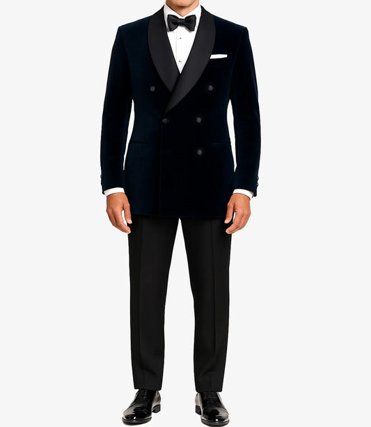 Raleigh Men's Shawl Lapel Blue Velvet Tuxedo - Double-Breasted