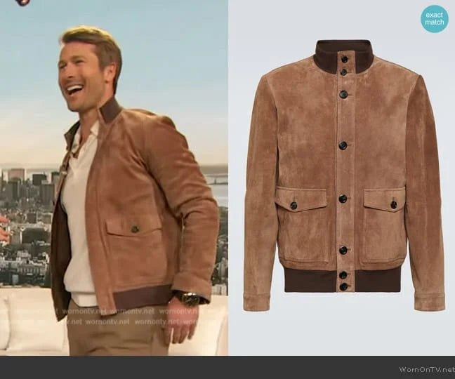 Glen Powell’s brown suede jacket on The Drew Barrymore Show Max Jackets