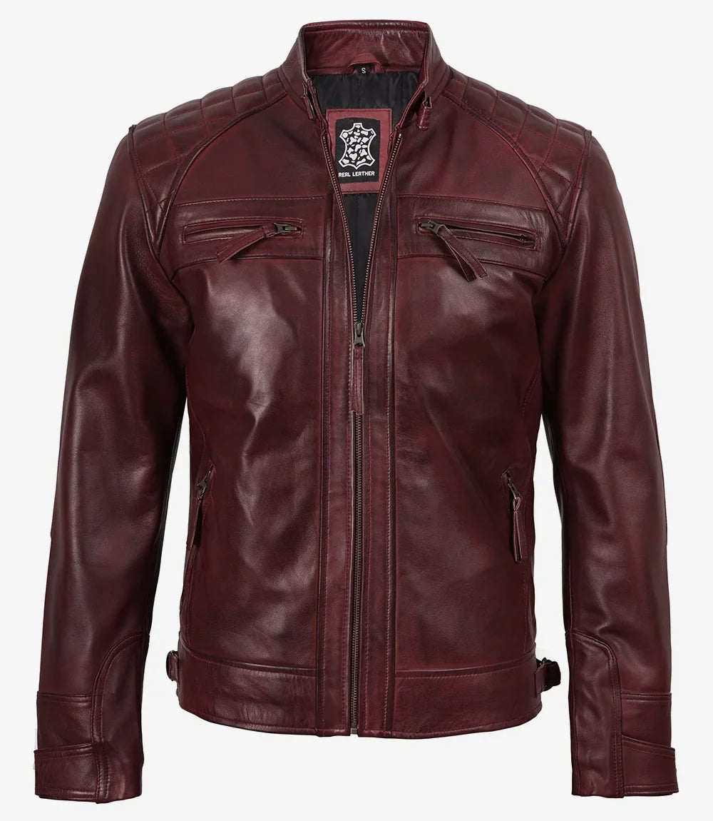 Men's Tall Real Leather Maroon Biker Style Jacket - Quilted Shoulder