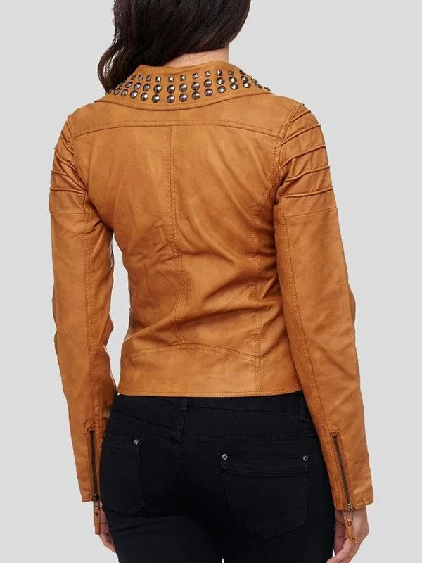 Women's Brown Studded Biker Leather Jacket Max Jackets