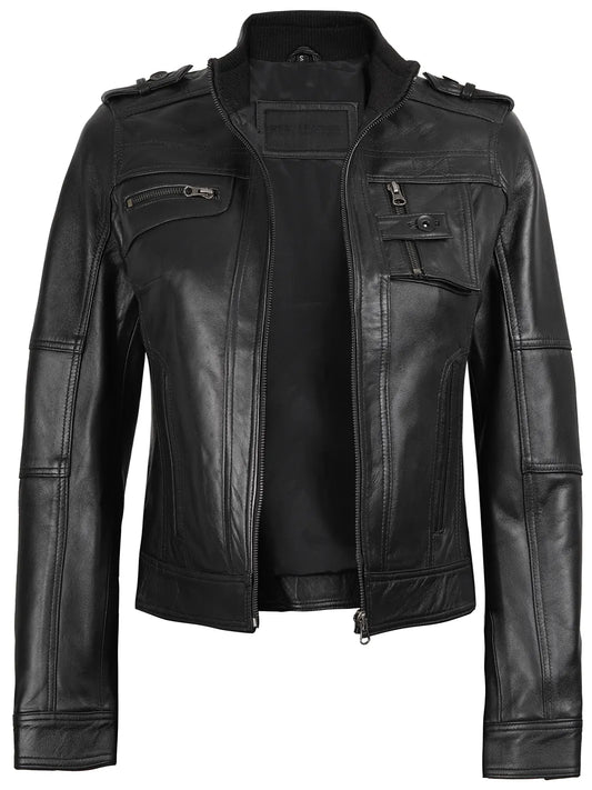 Tavares Womens Black Biker Style Leather Jacket