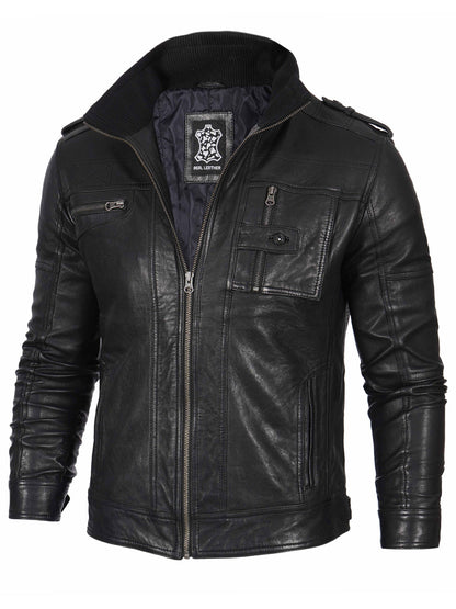 Mens Black Waxed Cafe Racer Style Leather Jacket