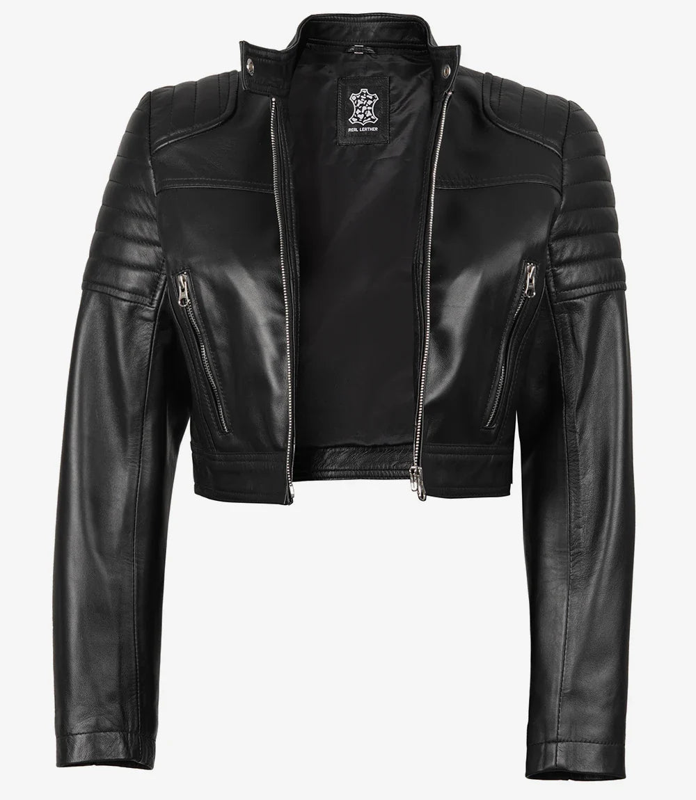 Black Cropped Leather Biker Style Jacket for Women