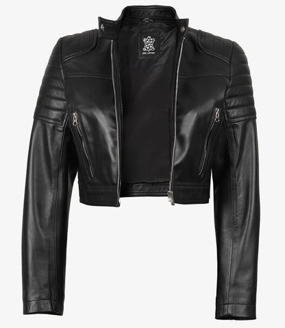 Black Cropped Leather Biker Style Jacket for Women