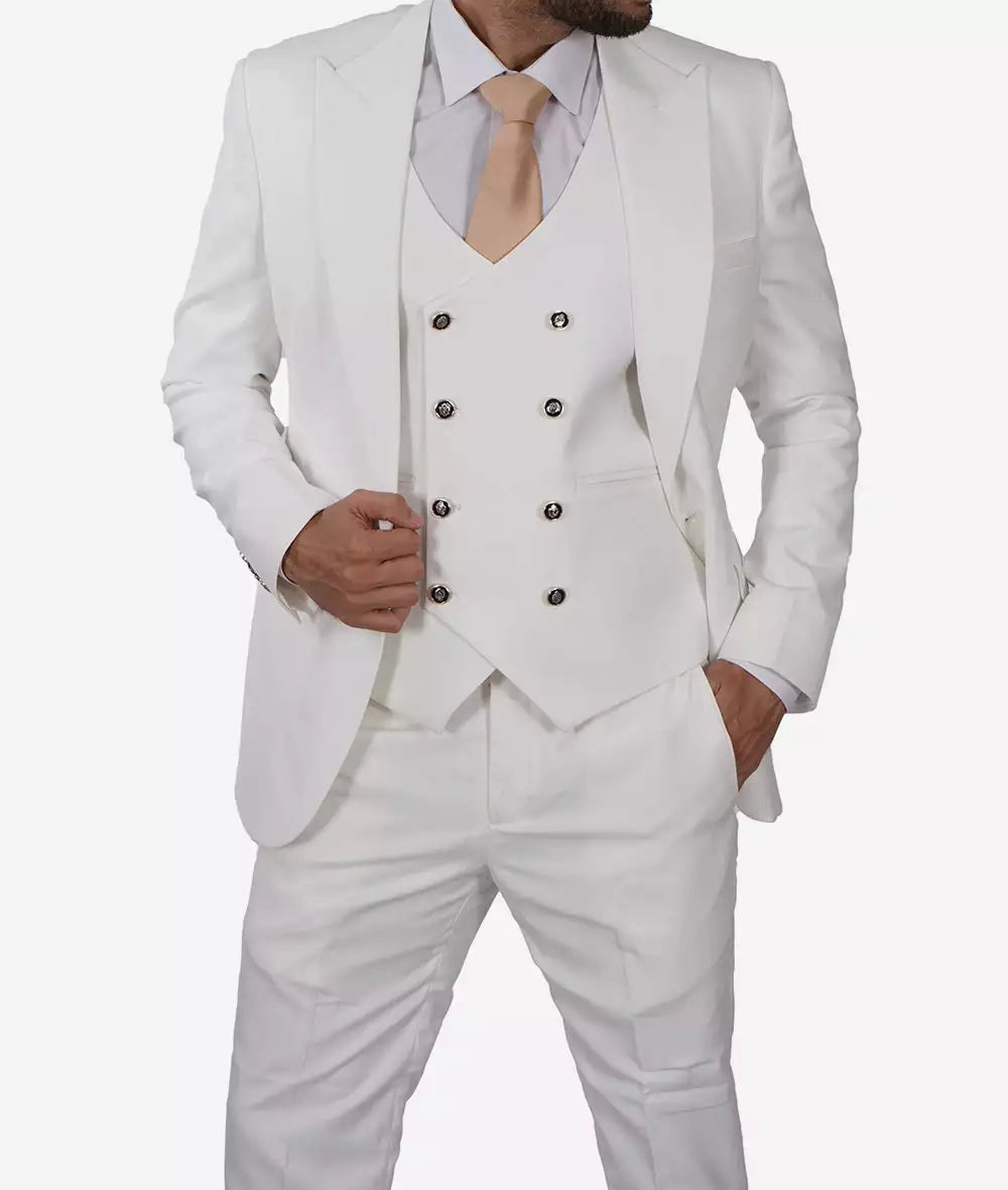 Antonio Men's Peak Lapel Off-White 3-Piece Slim Fit Suit