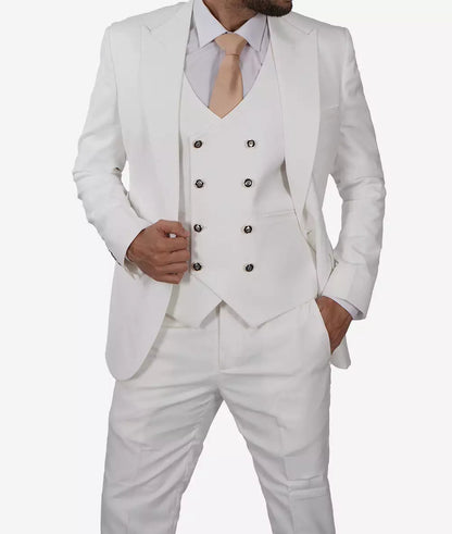 Antonio Men's Peak Lapel Off-White 3-Piece Slim Fit Suit