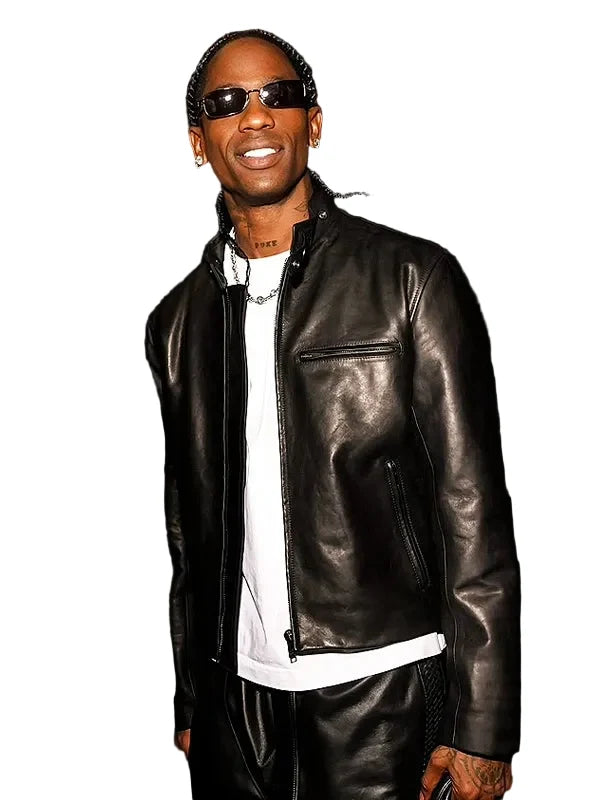 Travis Scott black biker jacket with snap-tab collar