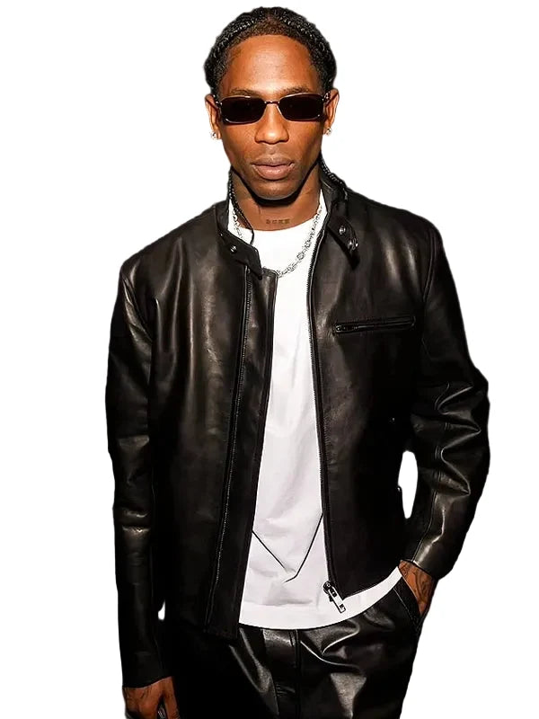Re-Creation Milan Fashion Week 2026 Travis Scott black leather motorcycle jacket