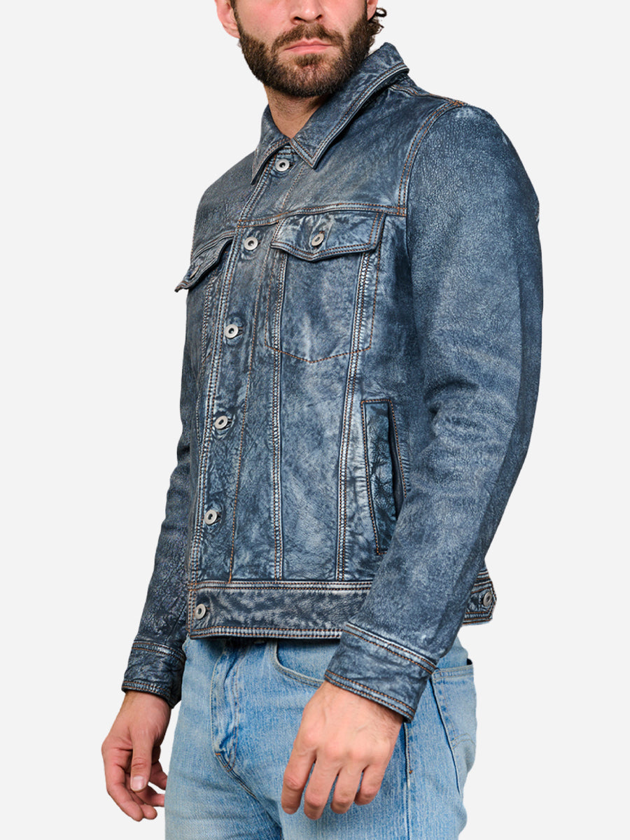 Hudson Trucker Blue Leather Jacket Max Jackets