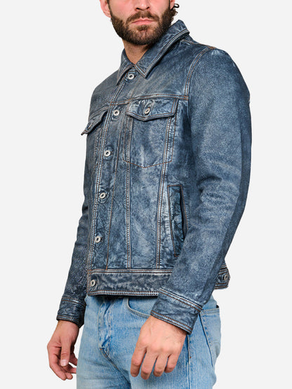 Hudson Trucker Blue Leather Jacket Max Jackets