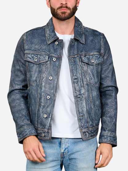 Hudson Trucker Blue Leather Jacket Max Jackets