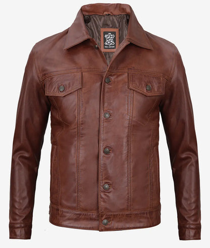 Men's Cognac Trucker Leather Jacket - Classic Shirt Style
