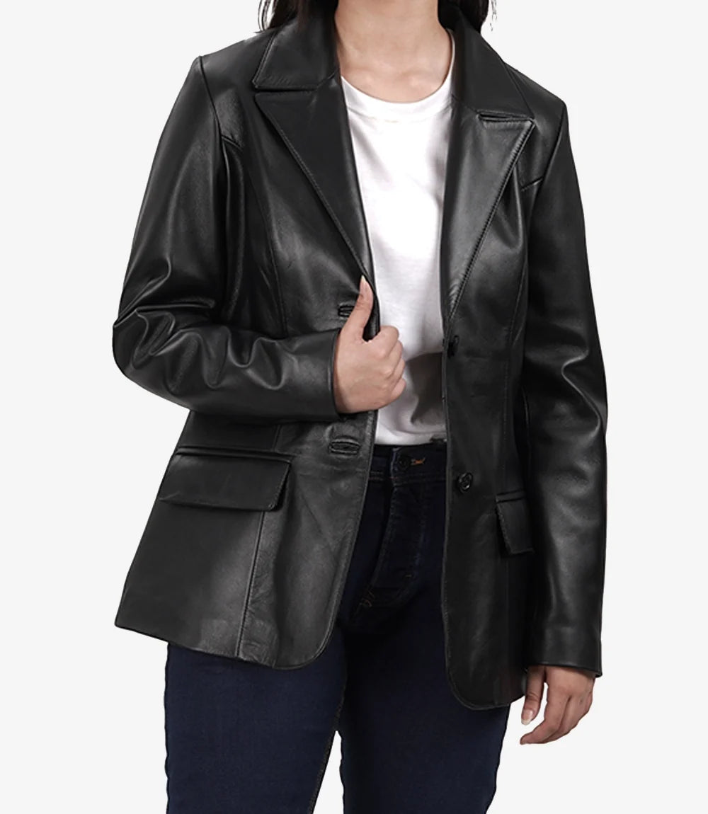 Women's Black Two-Button Leather Blazer