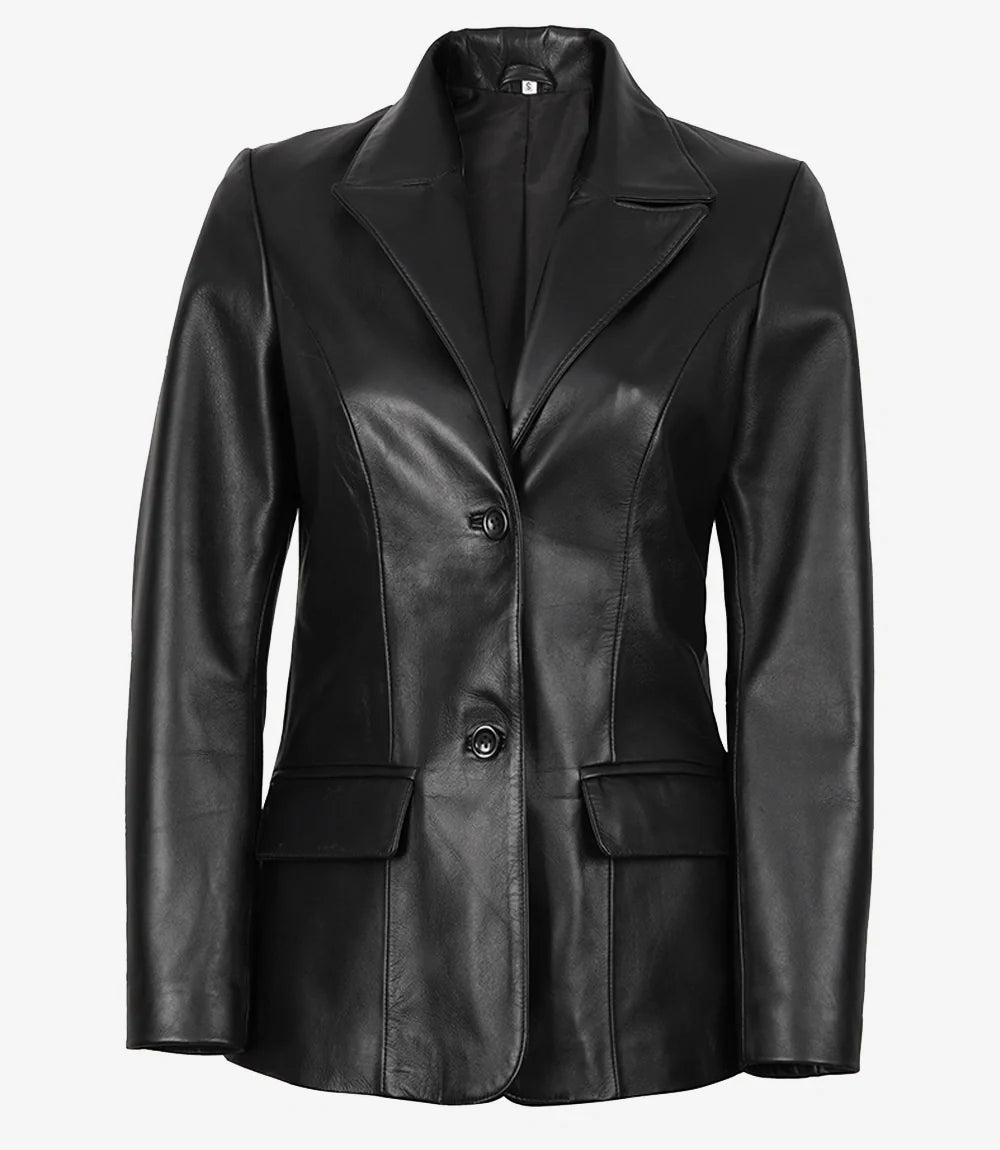 Women's Black Two-Button Leather Blazer