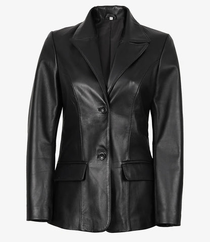 Women's Black Two-Button Leather Blazer