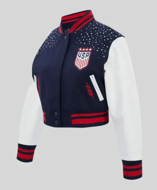 Pro Standard US Soccer WNT Legacy Cropped Navy Blue and White Varsity Jacket
