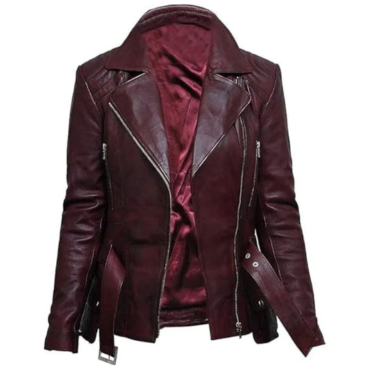 Retro Cafe Racer Brando Distressed Burgundy Biker Lambskin Leather Jacket For Women