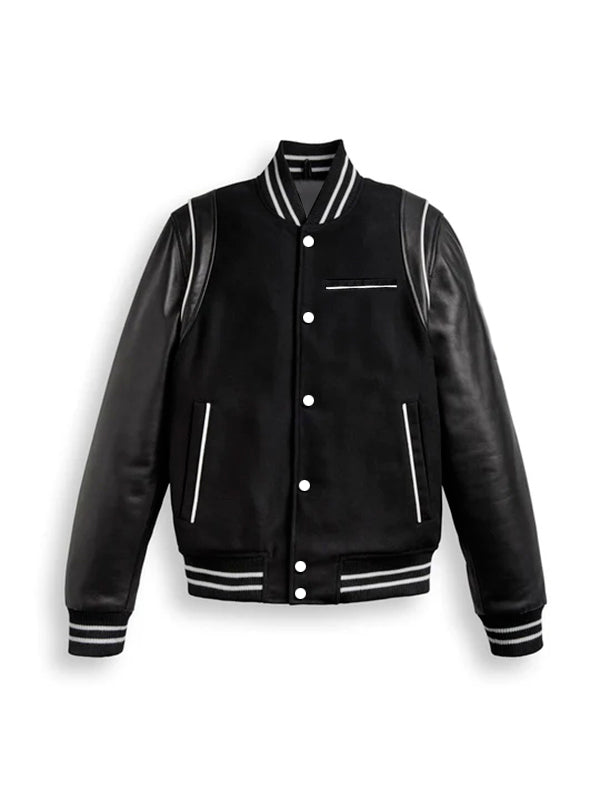 Black Varsity Bomber Leather Jacket With Stripes Max Jackets