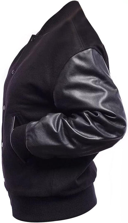 Black Rib-Knitted Cuffs-Hems Wool Varsity Jacket for Men