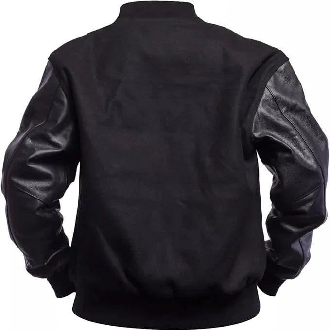 Black Rib-Knitted Cuffs-Hems Wool Varsity Jacket for Men