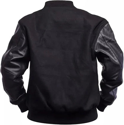 Black Rib-Knitted Cuffs-Hems Wool Varsity Jacket for Men
